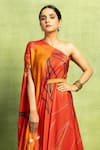 Vedika M Red Satin, Linen Sequins One Shoulder Abstract Floral Print Dress With Belt Online at Aza Fashions Vedika M_Red Satin, Linen Sequins One Shoulder Abstract Floral Print Dress With Belt _Online_at_Aza_Fashions