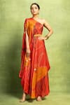 Buy Vedika M Red Satin, Linen Sequins One Shoulder Abstract Floral Print Dress With Belt at Aza Fashions Buy_Vedika M_Red Satin, Linen Sequins One Shoulder Abstract Floral Print Dress With Belt _at_Aza_Fashions