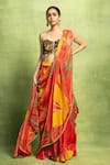 Buy_Vedika M_Red Tissue, Silk Abstract Floral Print Pre-stitched Saree And Blouse Set _at_Aza_Fashions