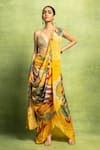 Buy_Vedika M_Yellow Tissue Foil Printing, Abstract Pre-stitched Saree And Blouse Set _Online_at_Aza_Fashions