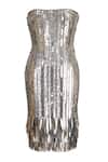 Shop_Karn Malhotra_Silver Satin, Lycra, Polyester Sequins Off-shoulder And Crystal Embellished Dress 