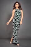 Buy_Karn Malhotra_Green Satin, Lycra, Polyester Sequins Halter Neck Giraffe Skin Embellished Gown _at_Aza_Fashions