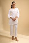 Buy_Naintara Bajaj_Off White Linen Embroidery Round Neck, Split Kurta And Pant Set _at_Aza_Fashions