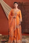 Buy_Farha Syed_Orange Chanderi Silk, Organza Embroidery, Zari V-neck Tissue Kurta Sharara Set _at_Aza_Fashions