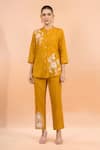 Buy_Naintara Bajaj_Mustard Cotton, Linen Embroidery Mandarin Collar Kurta And Pant Set _Online_at_Aza_Fashions