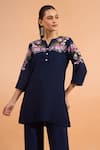 Buy_Naintara Bajaj_Navy Embroidery Split V-neck Kurta _at_Aza_Fashions