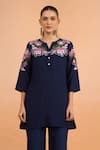 Buy_Naintara Bajaj_Navy Embroidery Split V-neck Kurta _Online_at_Aza_Fashions