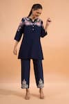 Shop_Naintara Bajaj_Navy Embroidery Split V-neck Kurta _Online_at_Aza_Fashions