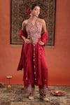 Buy_Farha Syed_Red Silk Embroidery, Zari Halter Neck, Kurta With Pant _at_Aza_Fashions