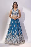 Buy_Samyukta Singhania_Teal Silk Embroidery, Sequins, Zari V-, Scoop Blouse Lehenga Set _Online_at_Aza_Fashions