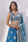 Buy_Samyukta Singhania_Teal Silk Embroidery, Sequins, Zari V-, Scoop Blouse Lehenga Set 