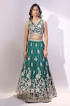 Buy_Samyukta Singhania_Green Silk Embroidery, Sequins V-neck Lehenga Blouse Set 