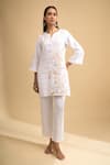 Shop_Naintara Bajaj_Off White Linen Embroidery Split V-neck Kurta And Pant Set _Online_at_Aza_Fashions