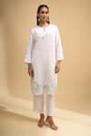 Buy_Naintara Bajaj_Off White Linen Embroidery Round Neck, Split Kurta And Pant Set _Online_at_Aza_Fashions