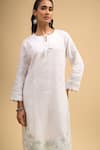 Naintara Bajaj_Off White Linen Embroidery Round Neck, Split Kurta And Pant Set _at_Aza_Fashions