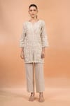 Buy_Naintara Bajaj_Beige Linen Embroidery, Lace V-neck Kurta And Pant Set _at_Aza_Fashions
