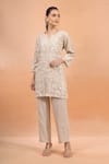 Naintara Bajaj_Beige Linen Embroidery, Lace V-neck Kurta And Pant Set _Online_at_Aza_Fashions