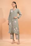 Buy Naintara Bajaj Pink Linen Embroidery V-neck Floral Kurta And Pant Set at Aza Fashions Buy_Naintara Bajaj_Pink Linen Embroidery V-neck Floral Kurta And Pant Set _at_Aza_Fashions