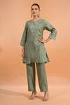 Buy_Naintara Bajaj_Green Linen Embroidery, Cut Work Split V-neck Kurta And Pant Set _at_Aza_Fashions