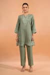 Naintara Bajaj_Green Linen Embroidery, Cut Work Split V-neck Kurta And Pant Set _Online_at_Aza_Fashions