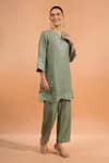 Buy_Naintara Bajaj_Green Linen Embroidery, Cut Work Split V-neck Kurta And Pant Set _Online_at_Aza_Fashions