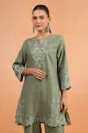 Shop_Naintara Bajaj_Green Linen Embroidery, Cut Work Split V-neck Kurta And Pant Set _Online_at_Aza_Fashions