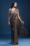 Samyukta Singhania_Gray Chinon Sequins, Beads, Embroidery Ruffled Pre-draped Saree And Blouse _at_Aza_Fashions