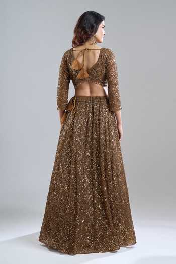 Shop_Azeera_Gold Net Sequins, Beads, Embroidery V-neck Tonal Lehenga Set_at_Aza_Fashions