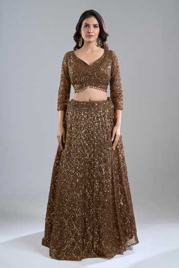 Azeera_Gold Net Sequins, Beads, Embroidery V-neck Tonal Lehenga Set_Online_at_Aza_Fashions