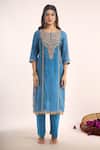 Samyukta Singhania_Teal Tissue, Shantoon, Chiffon, Chinon Embroidery, Lace, Zari Dori Kurta Set _Online_at_Aza_Fashions