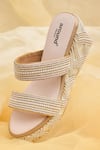 Buy_Around Always_Ivory Pearls, Metallic Thread Tanvi Detailed Two Strap Wedges _at_Aza_Fashions