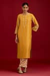 Devnaagri_Mustard Chanderi , Shantoon, Organza Embroidery, Dori Kurta Set _Online_at_Aza_Fashions