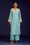 Devnaagri_Aqua Chanderi Silk, Modal, Satin Embroidery, Sequins, Kurta And Palazzo Set _Online_at_Aza_Fashions