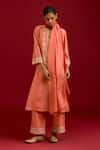 Devnaagri_Peach Chanderi Silk Sequins, Mirrors, Embroidery Split Bandhej Kurta Set _Online_at_Aza_Fashions