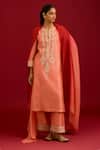 Buy_Devnaagri_Peach Chanderi Silk Sequins, Mirrors, Embroidery Split Bandhej Kurta Set _at_Aza_Fashions