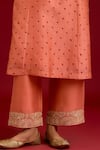 Devnaagri_Peach Chanderi Silk Sequins, Mirrors, Embroidery Split Bandhej Kurta Set _at_Aza_Fashions
