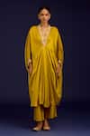 Shop_Devnaagri_Mustard Modal, Satin Embroidery, Mirrors, Sequins V-neck Dori Kaftan And Pant Set _Online_at_Aza_Fashions