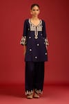 Devnaagri_Navy Silk Satin, , Satin, Organza Sequins, Mirrors, Kurta Set _Online_at_Aza_Fashions