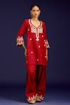 Buy_Devnaagri_Maroon Cotton Satin, Silk, Organza Sequins, Mirrors, And Dori Kurta Set _Online_at_Aza_Fashions