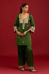 Devnaagri_Green Cotton Satin, Silk, Organza Sequins, Mirrors, Embroidery And Dori Kurta Set _Online_at_Aza_Fashions