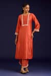 Buy_Devnaagri_Orange Silk, Chanderi, Kota Doria Mirrors, Sequins, Chinniya Work Kurta Set 