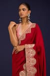 Devnaagri_Red Silk Embroidery, Sequins, Mirrors Halter Neck, Chinniya Saree With Blouse _at_Aza_Fashions