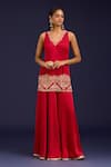 Devnaagri_Red Modal, Satin Embroidery, Sequins V-neck Kurta Sharara Set _Online_at_Aza_Fashions