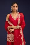 Buy_Devnaagri_Red Modal, Satin Embroidery, Sequins V-neck Kurta Sharara Set _Online_at_Aza_Fashions
