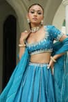 Enamour By Radha_Blue Silk, Organza Sequins, Zari, Embroidery Scoop Floral Butti Lehenga Set _Online_at_Aza_Fashions