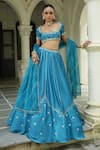 Buy_Enamour By Radha_Blue Silk, Organza Sequins, Zari, Embroidery Scoop Floral Butti Lehenga Set _at_Aza_Fashions