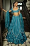 Shop_Enamour By Radha_Blue Silk, Organza Sequins, Zari, Embroidery Scoop Floral Butti Lehenga Set 