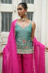 Buy_Enamour By Radha_Blue Silk, Chinon, Chiffon Embroidery, Pearls V-neck Zari Top Sharara Set _Online_at_Aza_Fashions