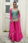 Shop_Enamour By Radha_Blue Silk, Chinon, Chiffon Embroidery, Pearls V-neck Zari Top Sharara Set _Online_at_Aza_Fashions