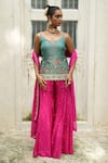 Enamour By Radha_Blue Silk, Chinon, Chiffon Embroidery, Pearls V-neck Zari Top Sharara Set _at_Aza_Fashions